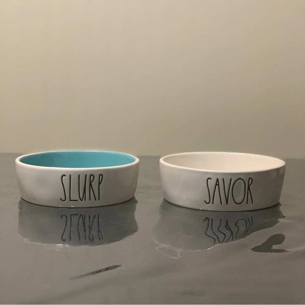 Rae Dunn cat or small dog bowls.